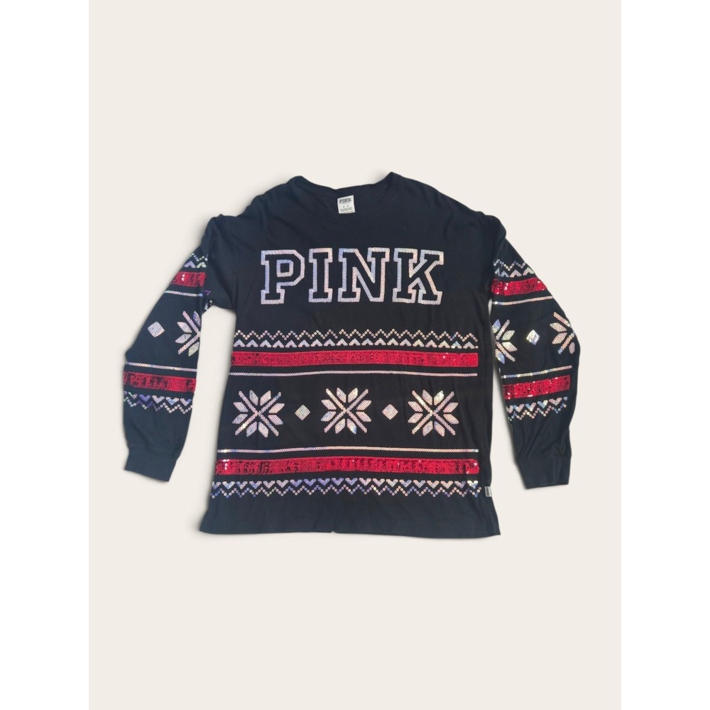 PINK Victoria's Secret Black Winter Holiday Sequin Fair Isle Snowflake Top
